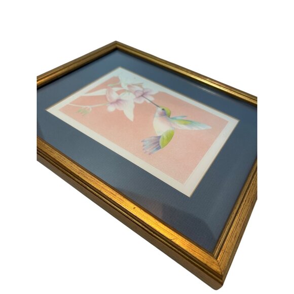 Framed Hummingbird & Flowers Print Artwork Embossed paper In Gold Wooden Frame 1 - Picture 4 of 12
